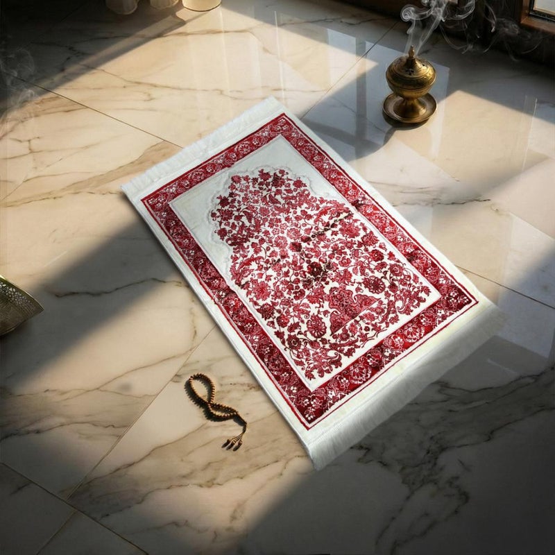 Melen Turkish Acrylic Prayer Mat - Tayba - Red - Cream - Image 1